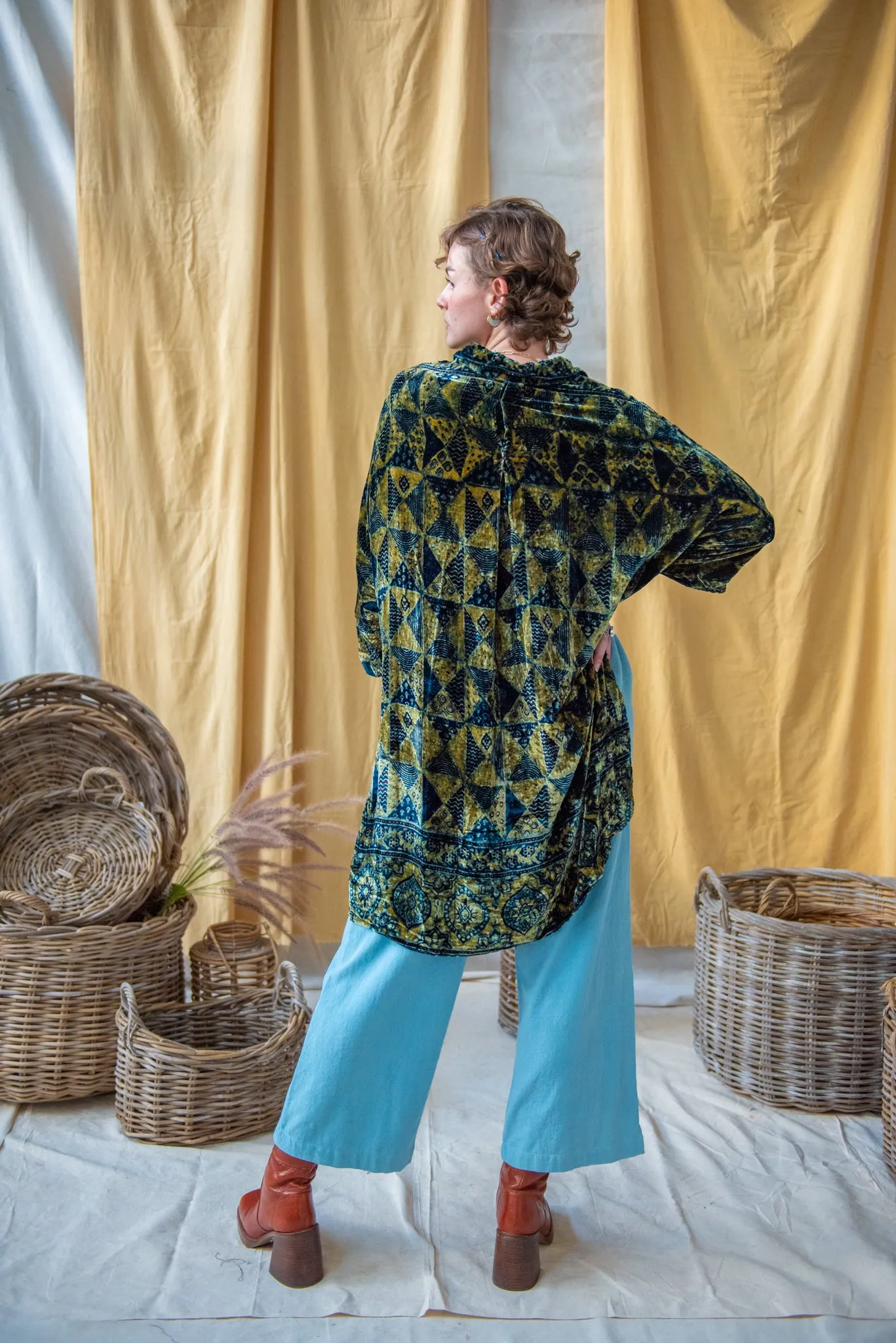 Ajrakh Silk Velvet Oversized Coat Sage on Indigo