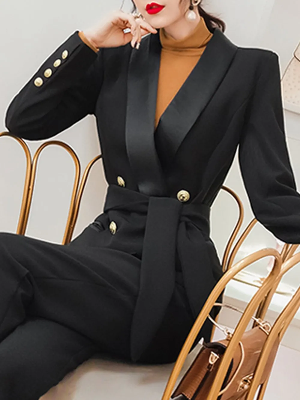 Belted Double-Breasted Crêpe Blazer in Black