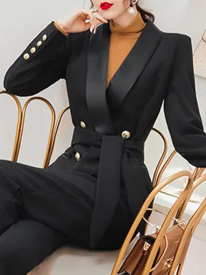 Belted Double-Breasted Crêpe Blazer in Black