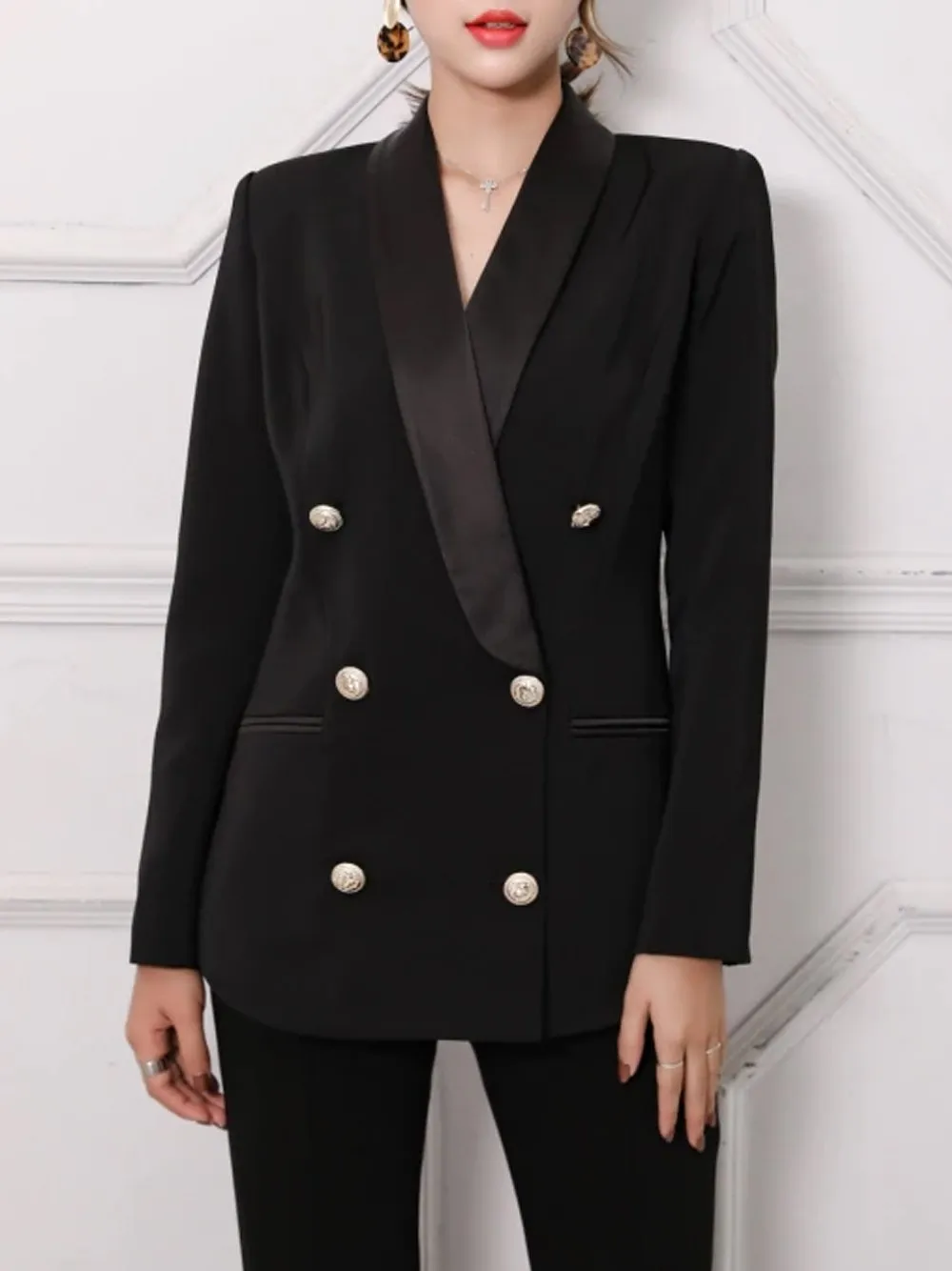 Belted Double-Breasted Crêpe Blazer in Black