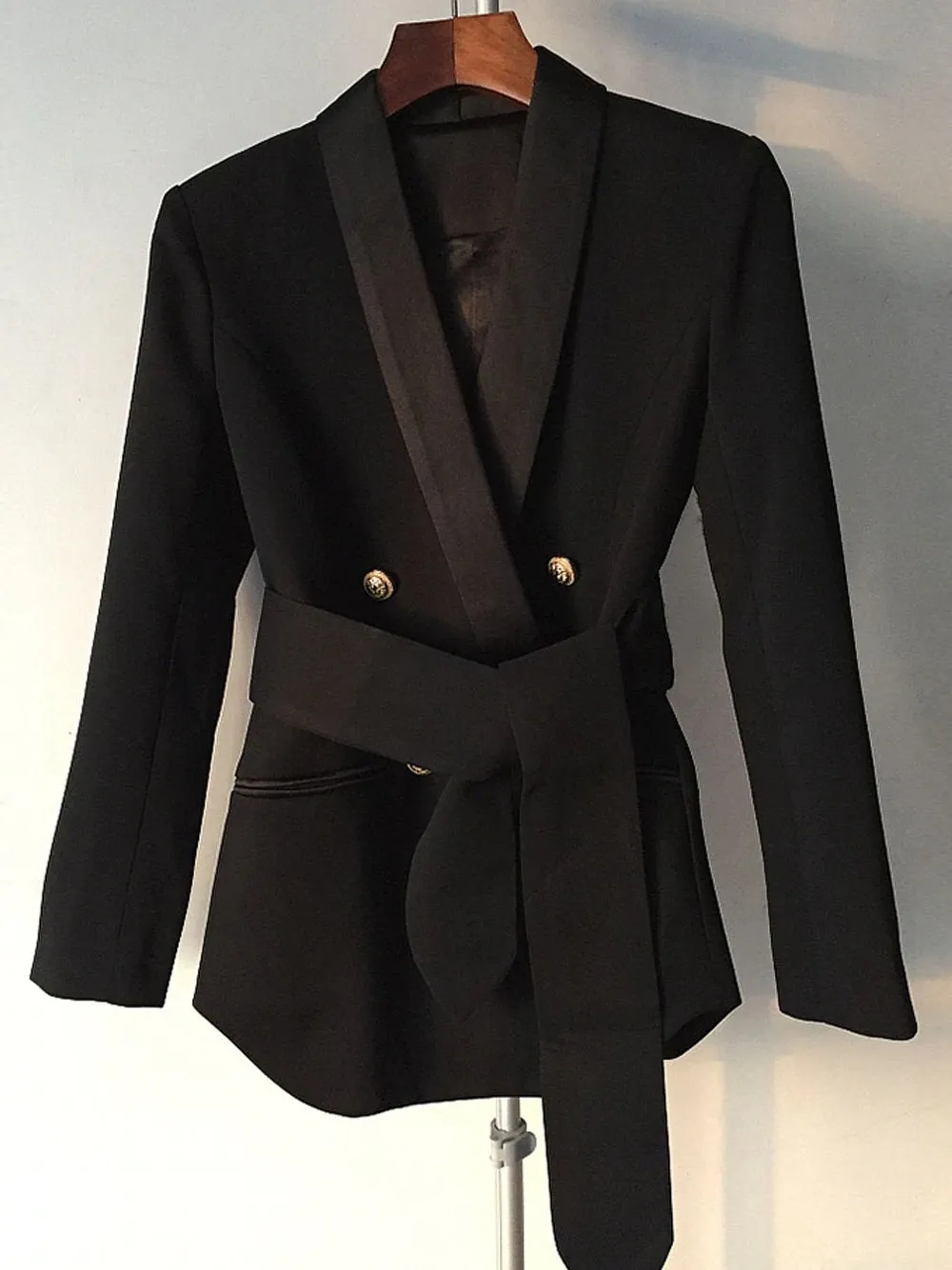 Belted Double-Breasted Crêpe Blazer in Black
