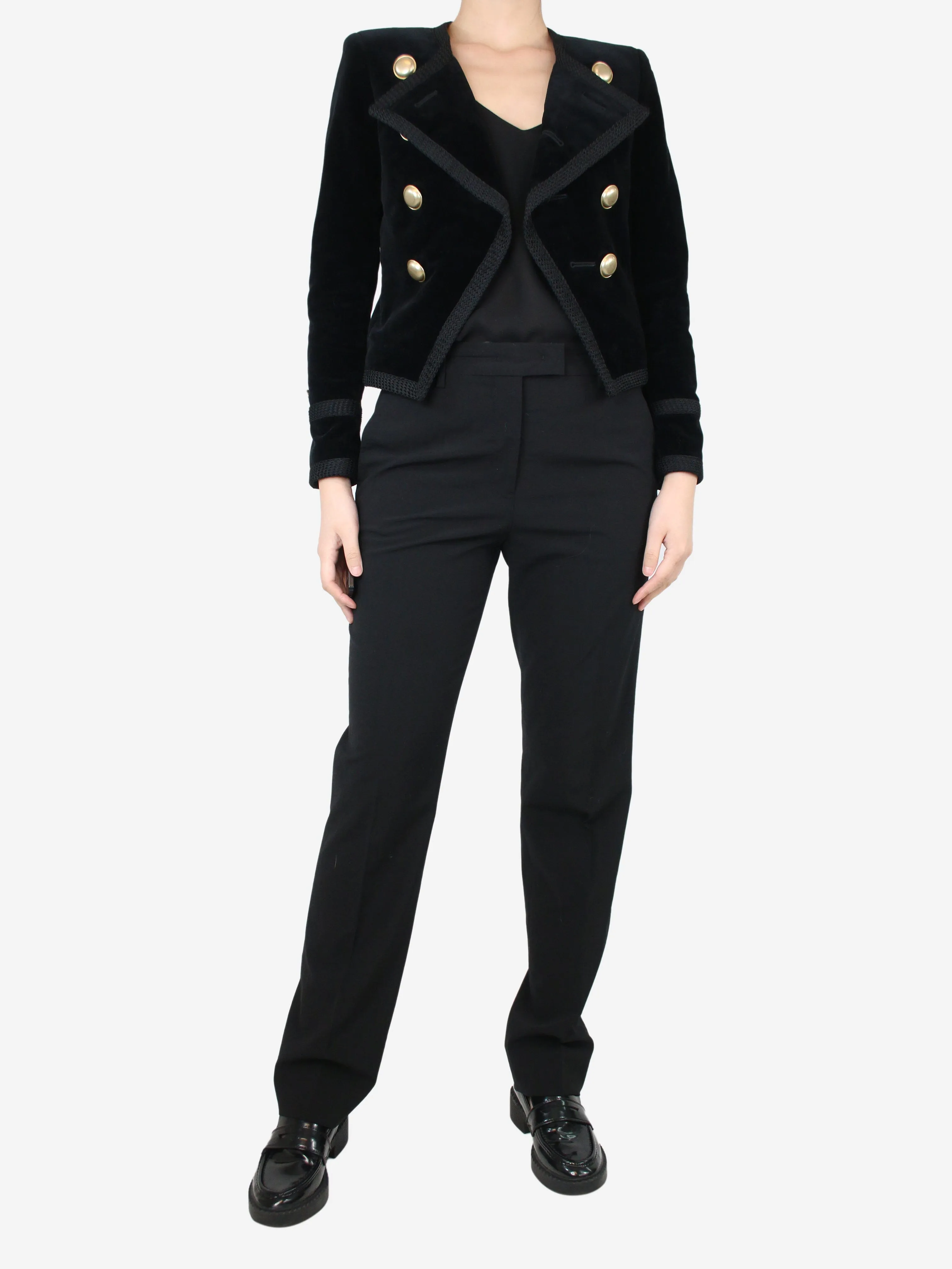 Black double-breasted velvet blazer - size UK 12