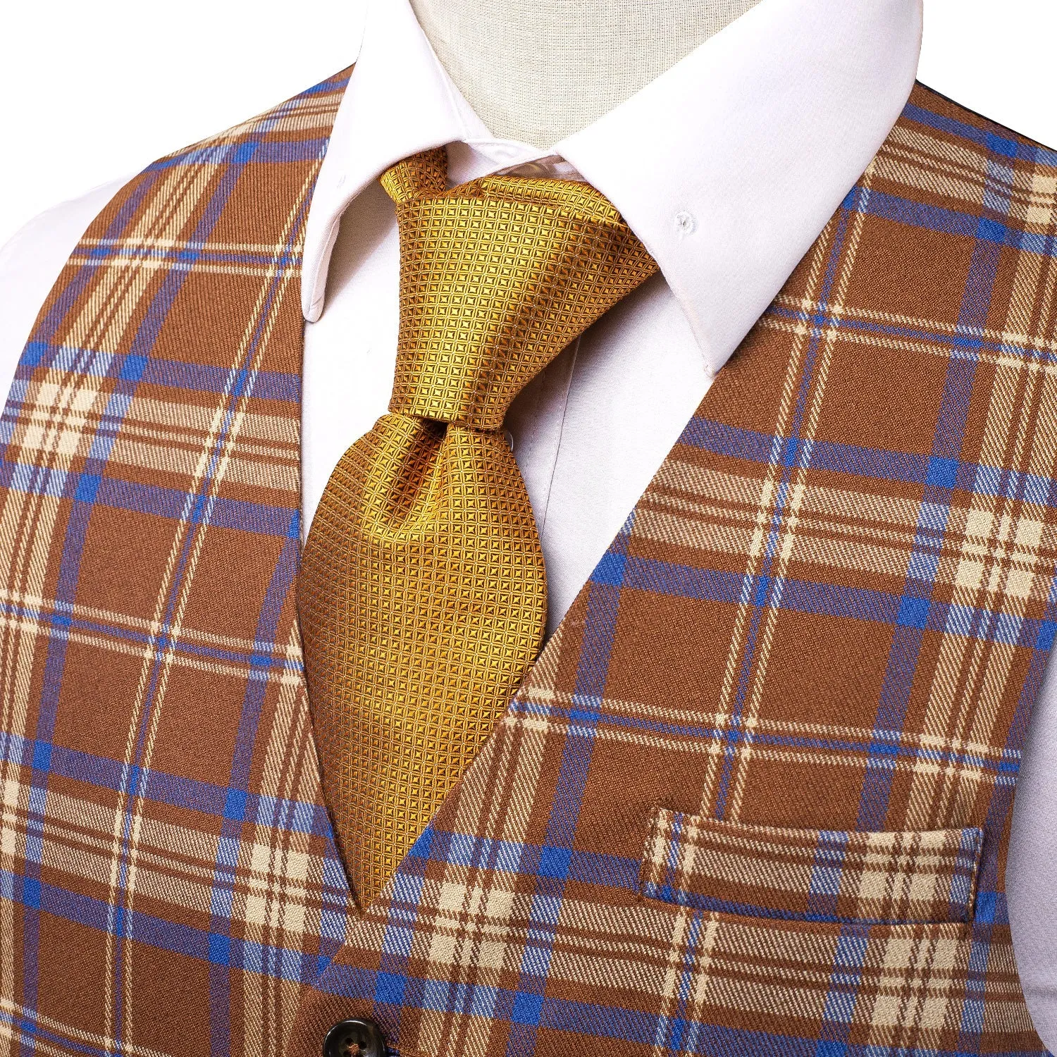 Blue Brown Plaid Wool Splicing Jacquard Men's Vest