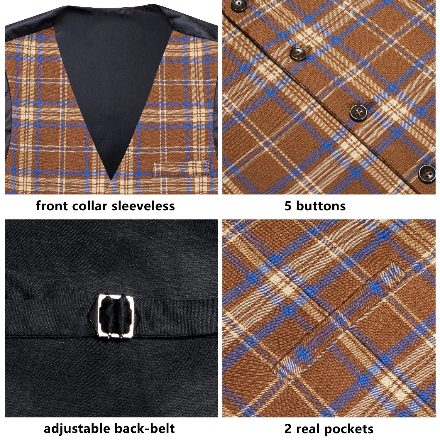 Blue Brown Plaid Wool Splicing Jacquard Men's Vest