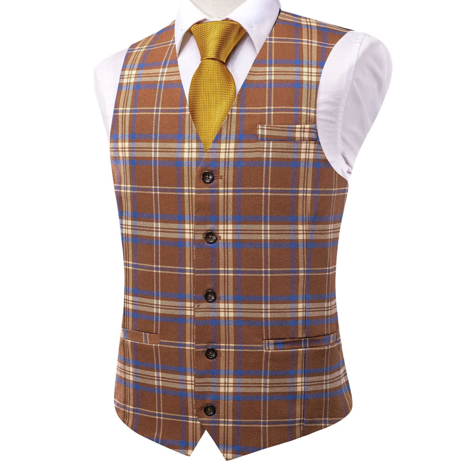 Blue Brown Plaid Wool Splicing Jacquard Men's Vest