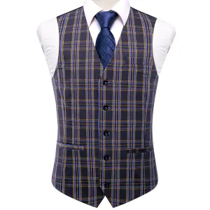Blue Grey Plaid Wool Splicing Jacquard Men's Vest