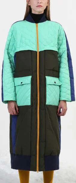 Color-Contrast Quilted Down Coat