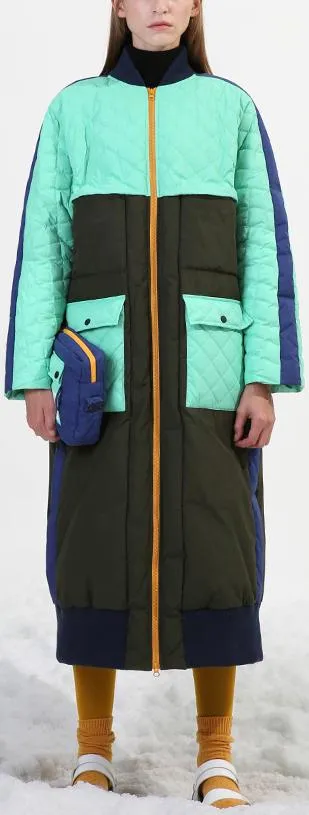 Color-Contrast Quilted Down Coat