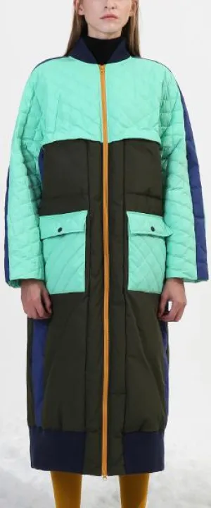 Color-Contrast Quilted Down Coat