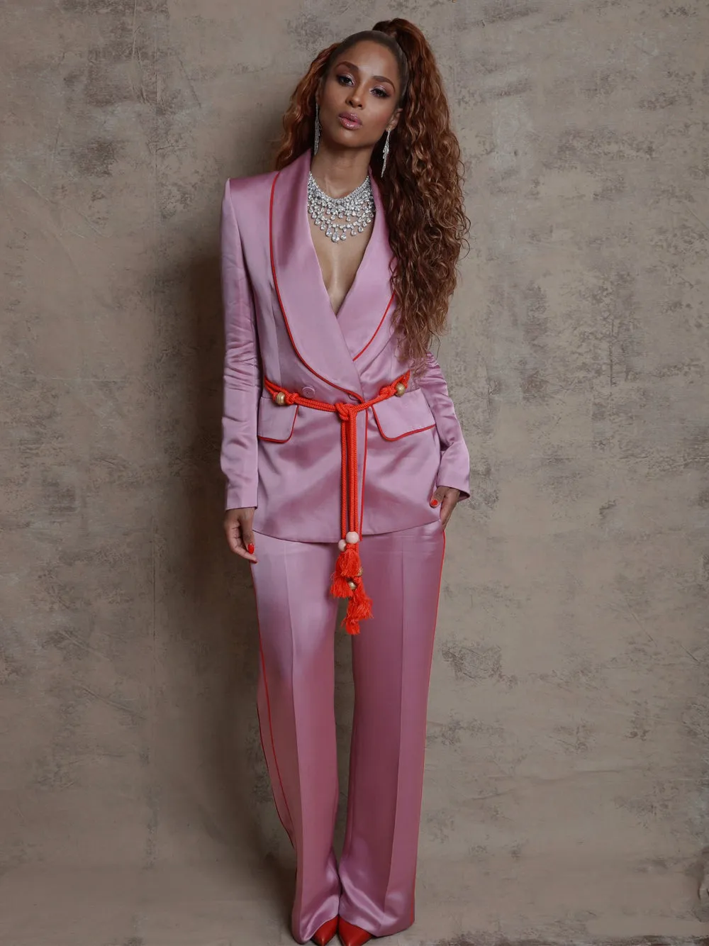 DALIDA Double-breasted Satin Blazer   Pants Matching Set in Pink
