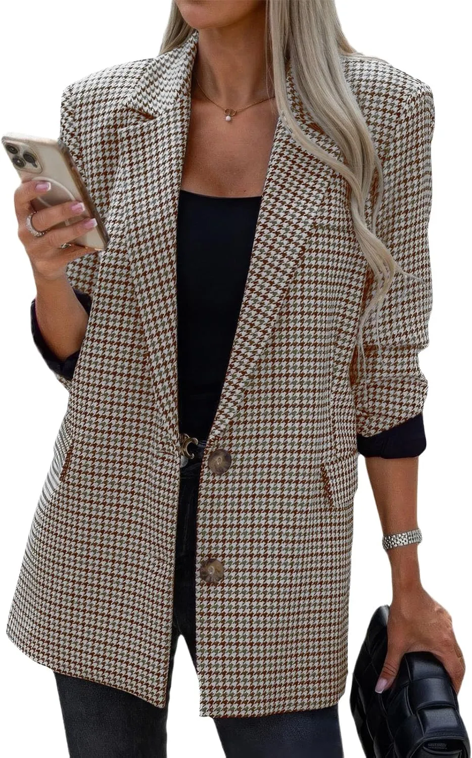 ebossy Women's Casual Oversized Blazer Suit Notch Lapel Button Plaid Work Office Jacket Wool Pea Coat