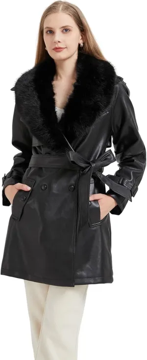 GRAN ORIENTE Women's Faux Leather Trench Coat Overcoat with Detachable Fur Collar,Winter Mid Length Pea Coat Belted Jacket GRAN ORIENTE Women's Faux Leather Trench Coat Overcoat with Detachable Fur Collar,Winter Mid Length Pea Coat Belted Jacket
