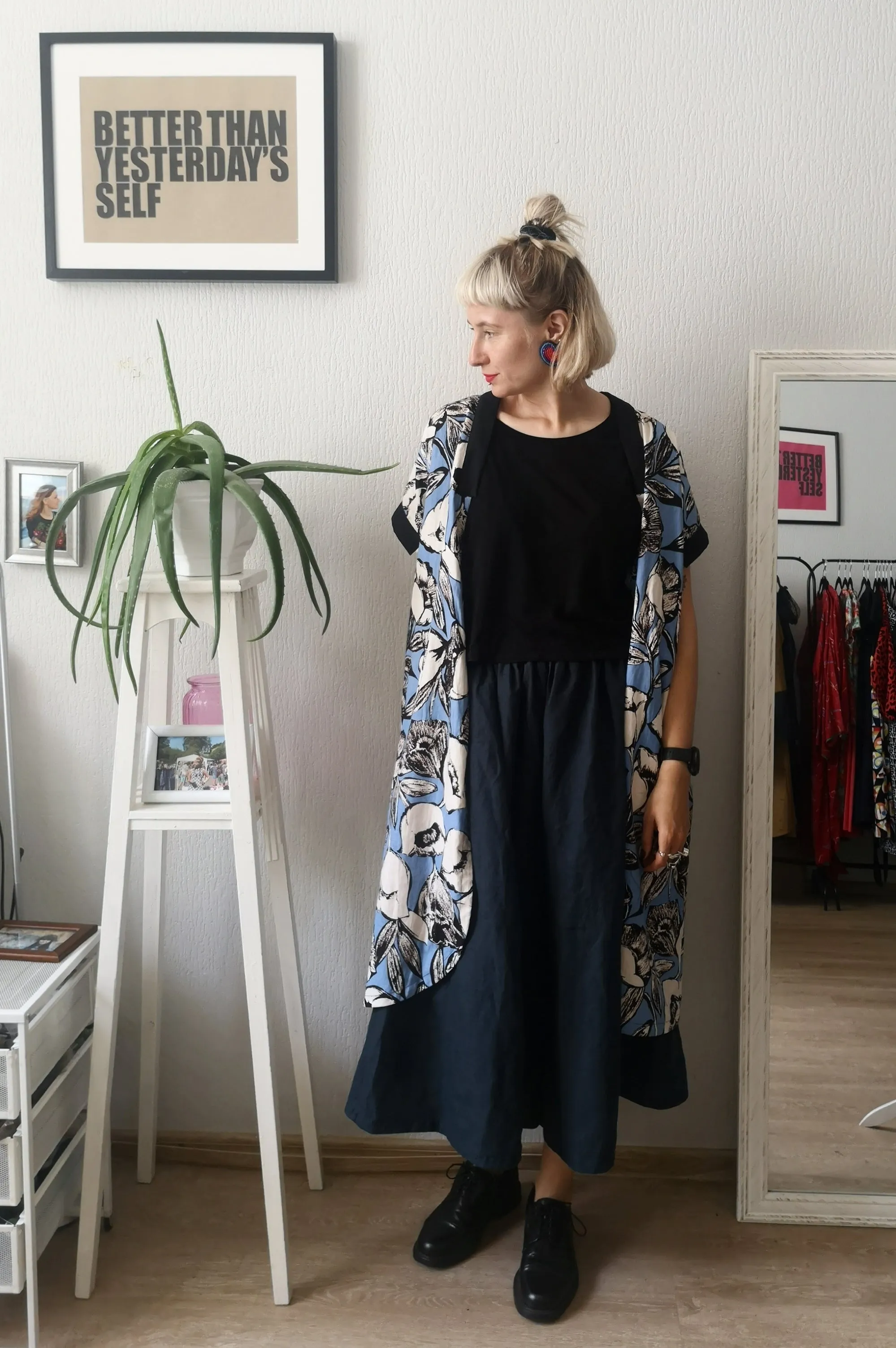 Light Blue, Black an Cream white Flower Print Linen Fabric Kimono Safari Dress and Jacket Two in One Transformer Piece