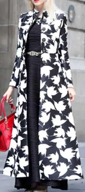 Long Bird Printed Coat in Black & White