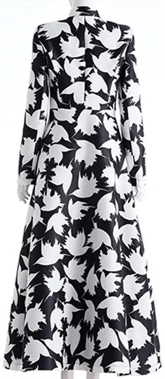 Long Bird Printed Coat in Black & White