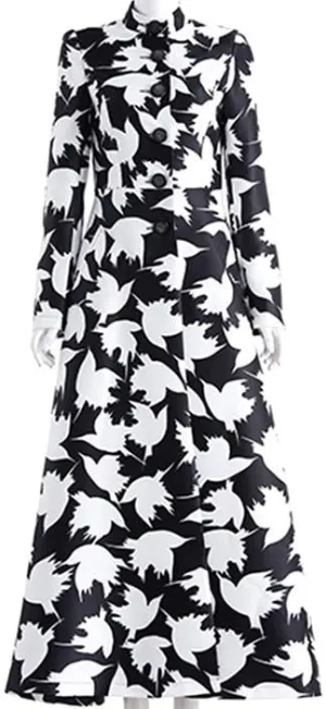 Long Bird Printed Coat in Black & White