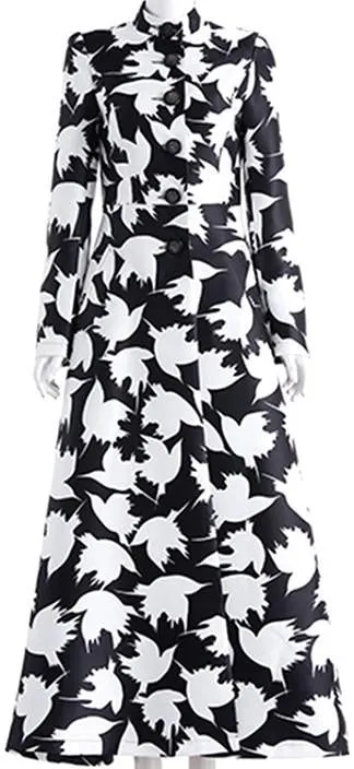 Long Bird Printed Coat in Black & White