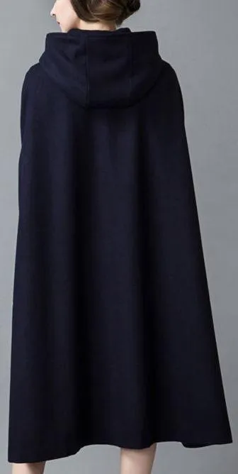 Long Hooded Wool Cape Coat in Deep Blue