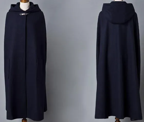 Long Hooded Wool Cape Coat in Deep Blue