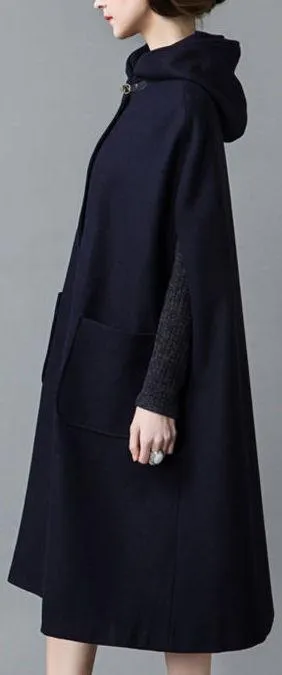 Long Hooded Wool Cape Coat in Deep Blue