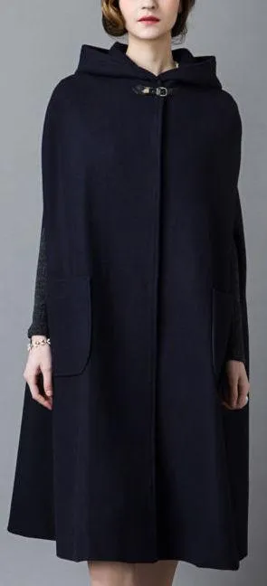 Long Hooded Wool Cape Coat in Deep Blue