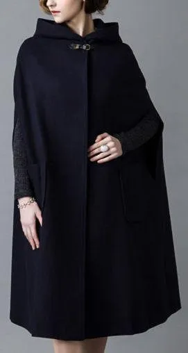 Long Hooded Wool Cape Coat in Deep Blue