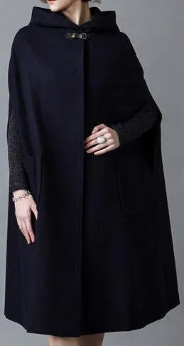 Long Hooded Wool Cape Coat in Deep Blue