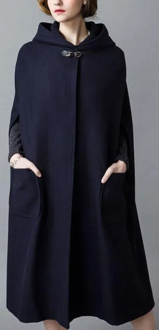 Long Hooded Wool Cape Coat in Deep Blue