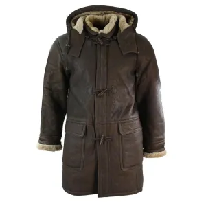 Mens Winter Real Sheepskin Leather Duffle Safari Jacket Tan ginger & Ginger Hood