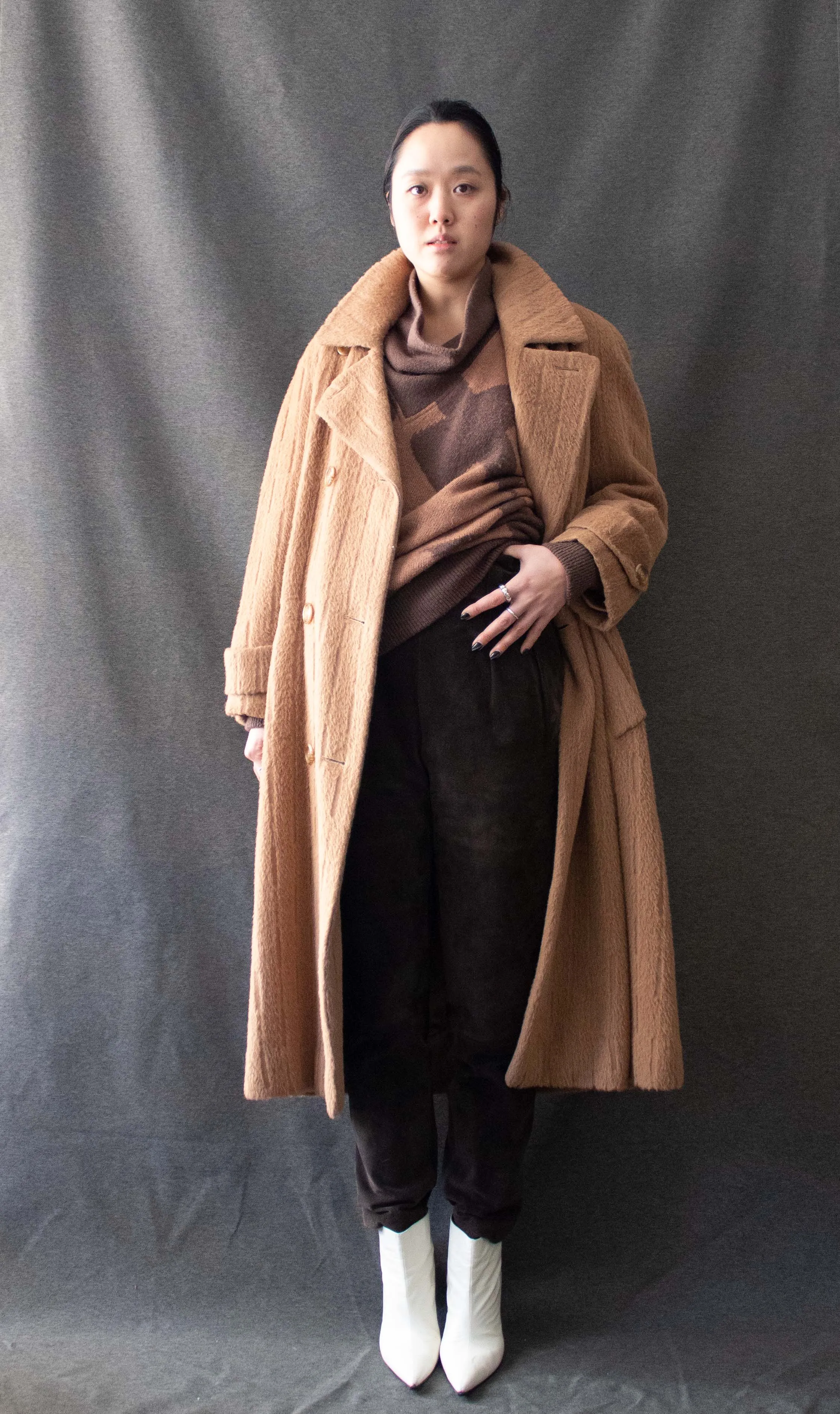 Perry Ellis Brown Textured Mohair Coat