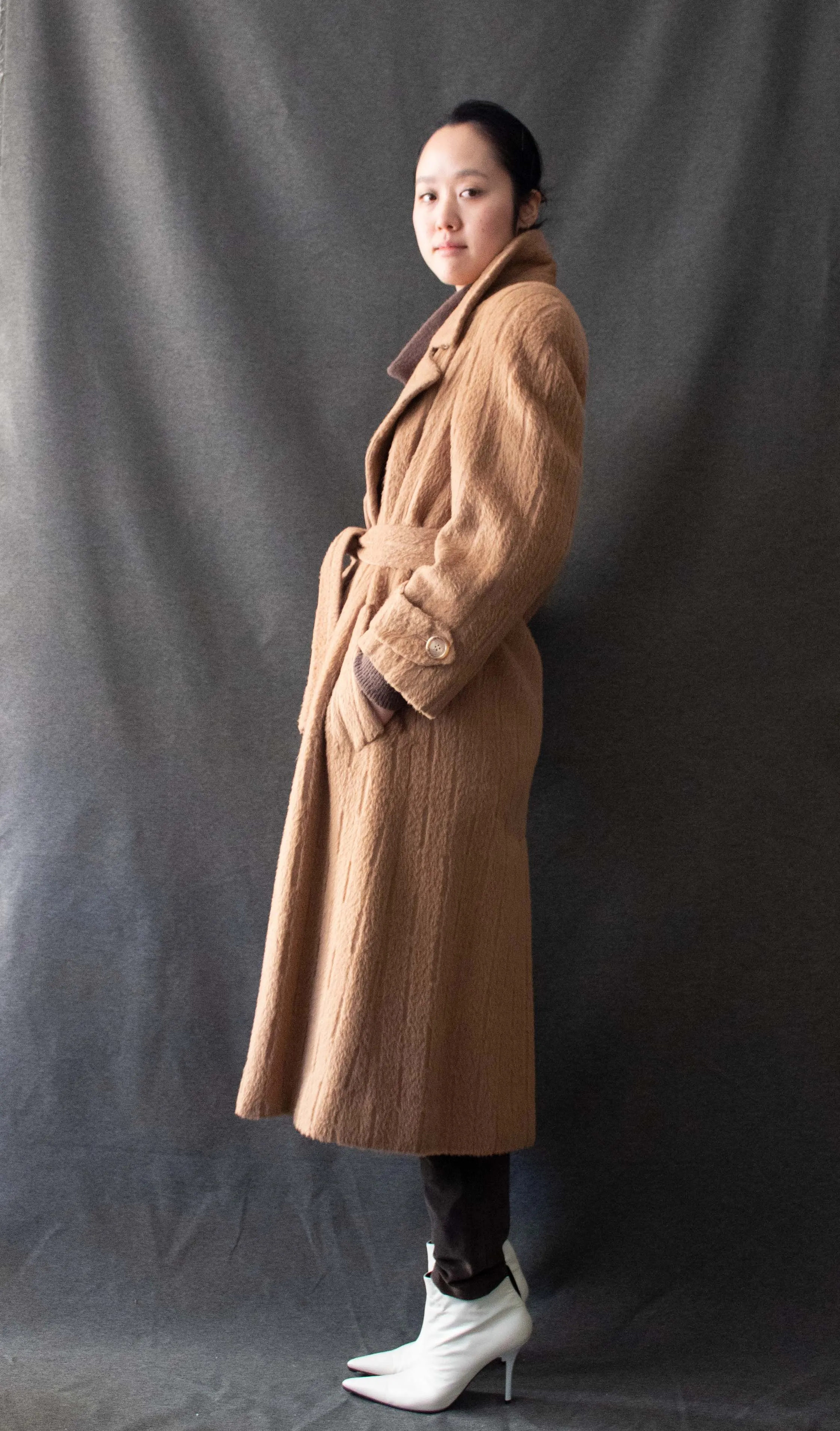Perry Ellis Brown Textured Mohair Coat