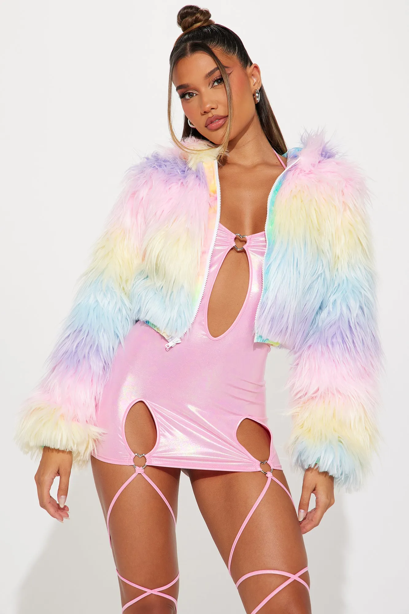 Rainbow Lover Faux Fur Light Up Dance Cropped Jacket - Multi Color