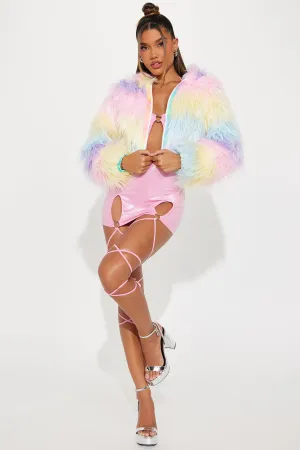 Rainbow Lover Faux Fur Light Up Dance Cropped Jacket - Multi Color
