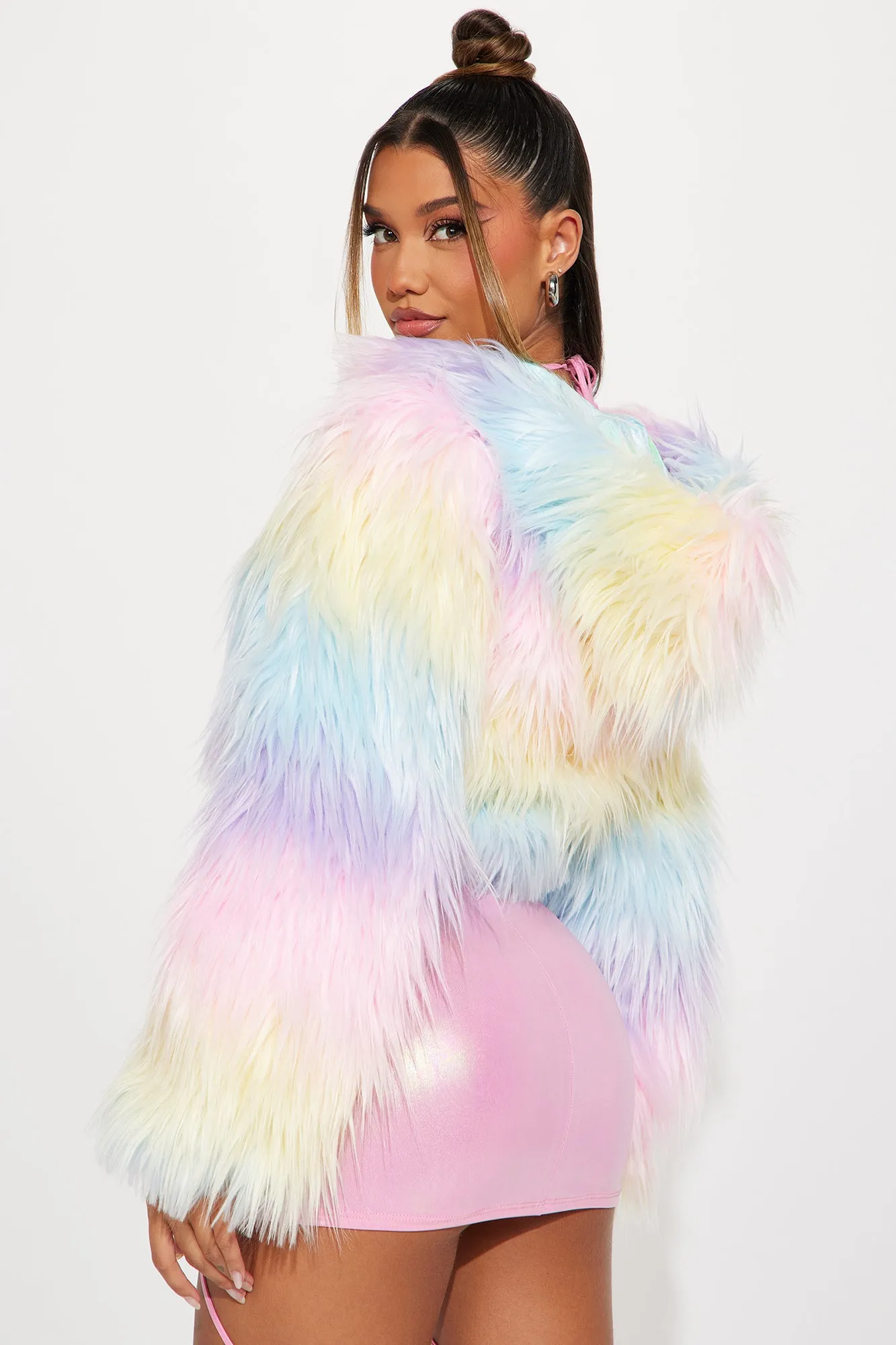 Rainbow Lover Faux Fur Light Up Dance Cropped Jacket - Multi Color
