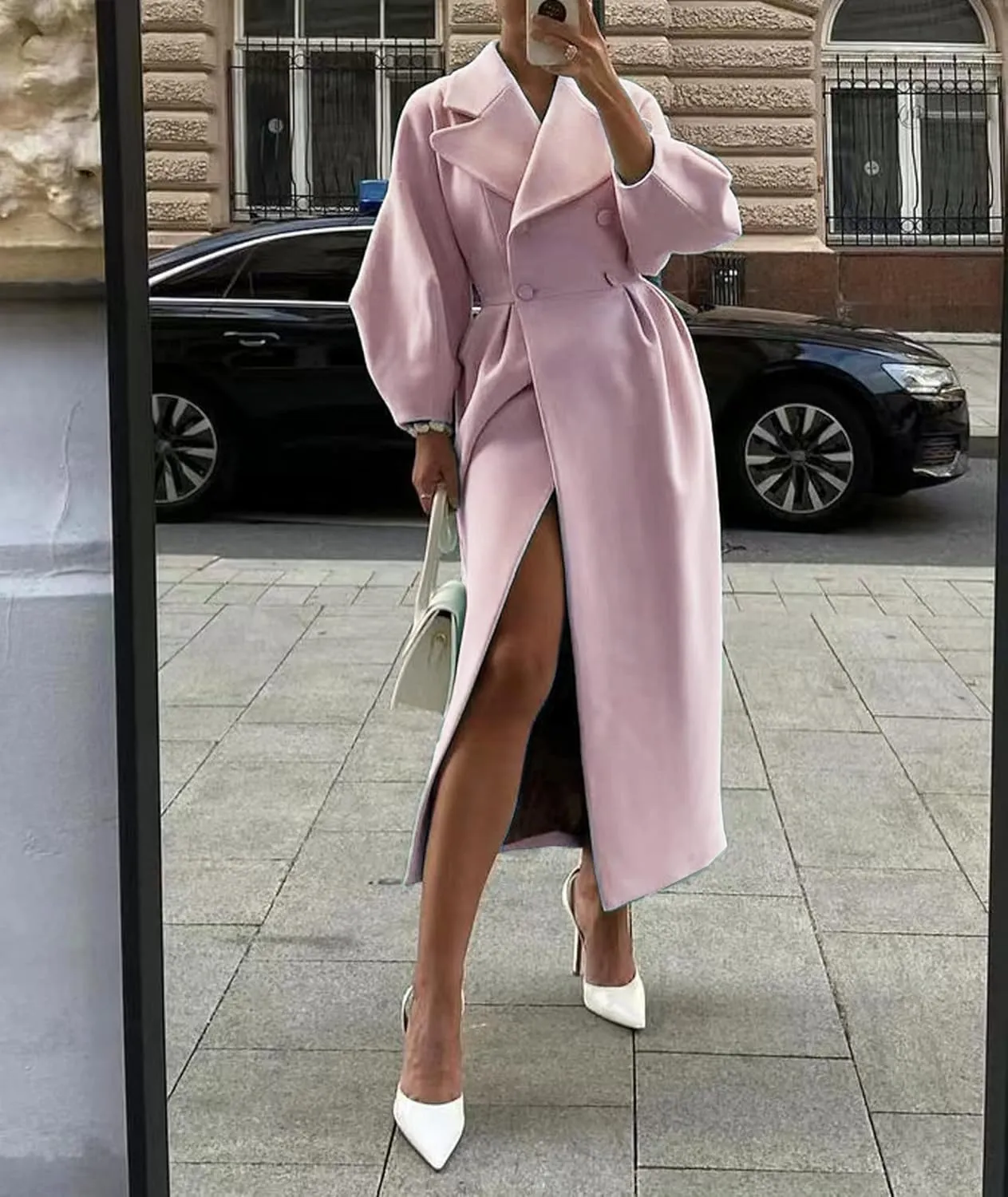 SOMTHRON Women's Casual Trench Coat Double Breasted Notched Lapel Long Lantern Sleeve Jacket Overcoat Pea Coat