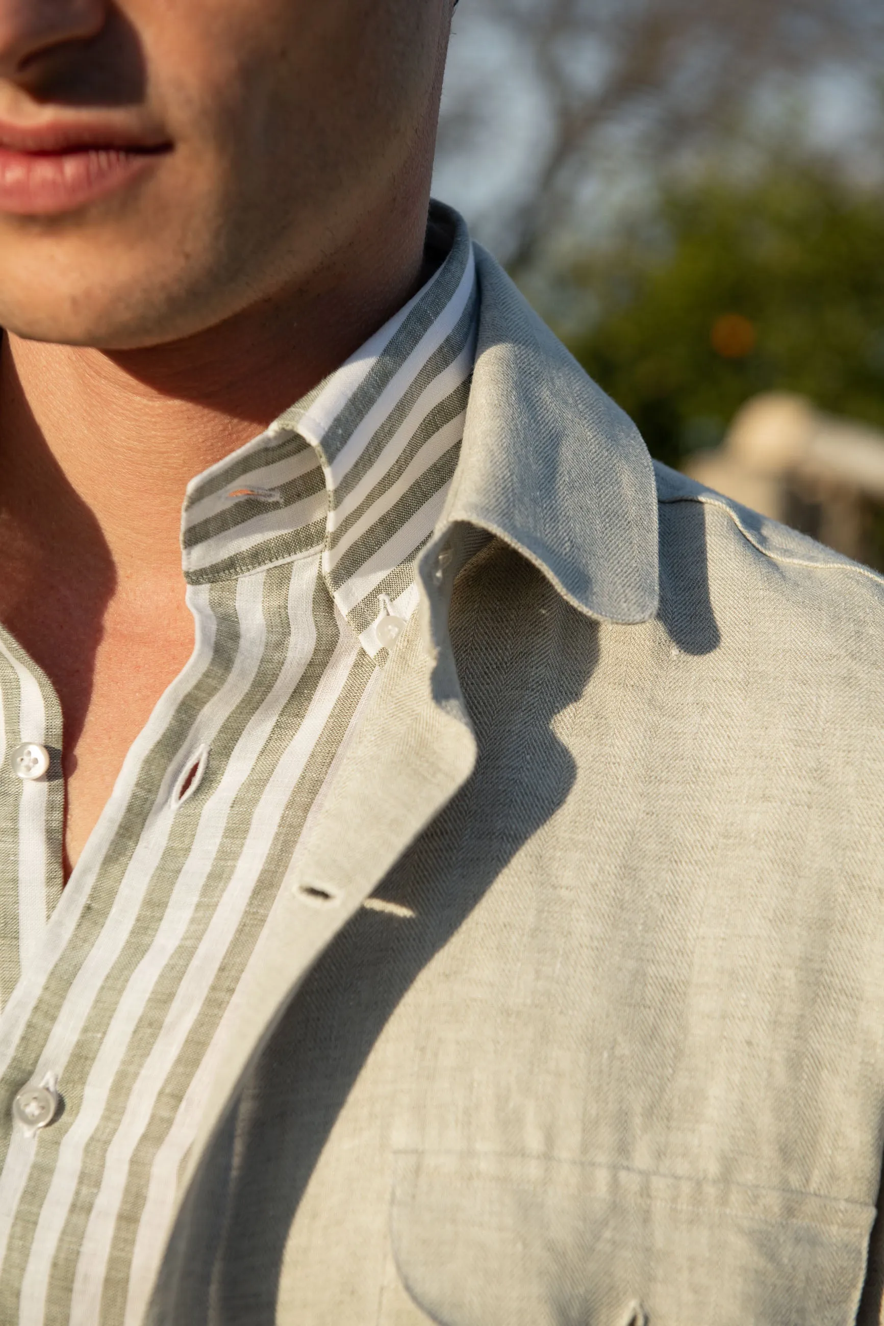 Stone herringbone linen safari jacket – Made in Italy