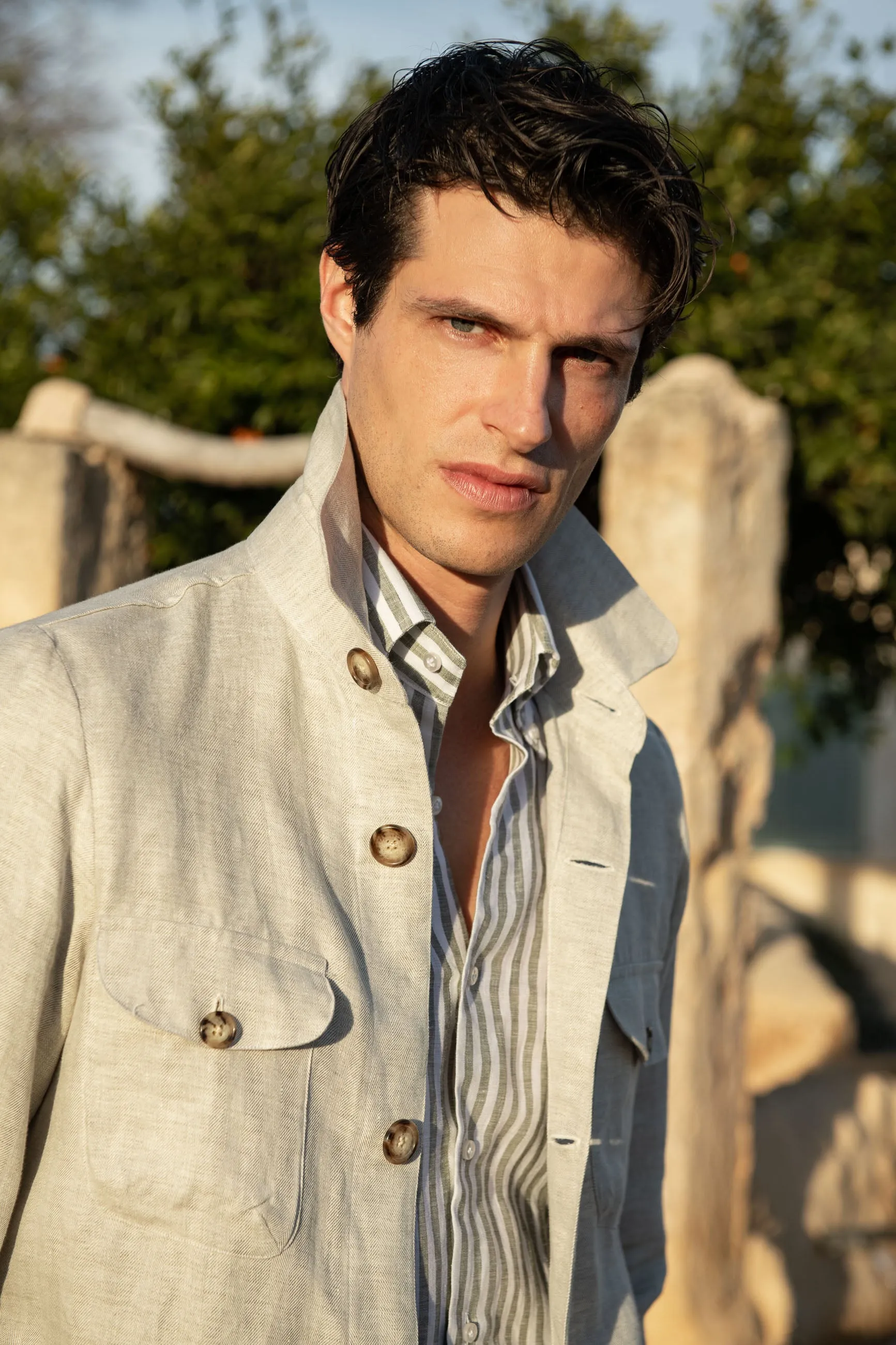 Stone herringbone linen safari jacket – Made in Italy