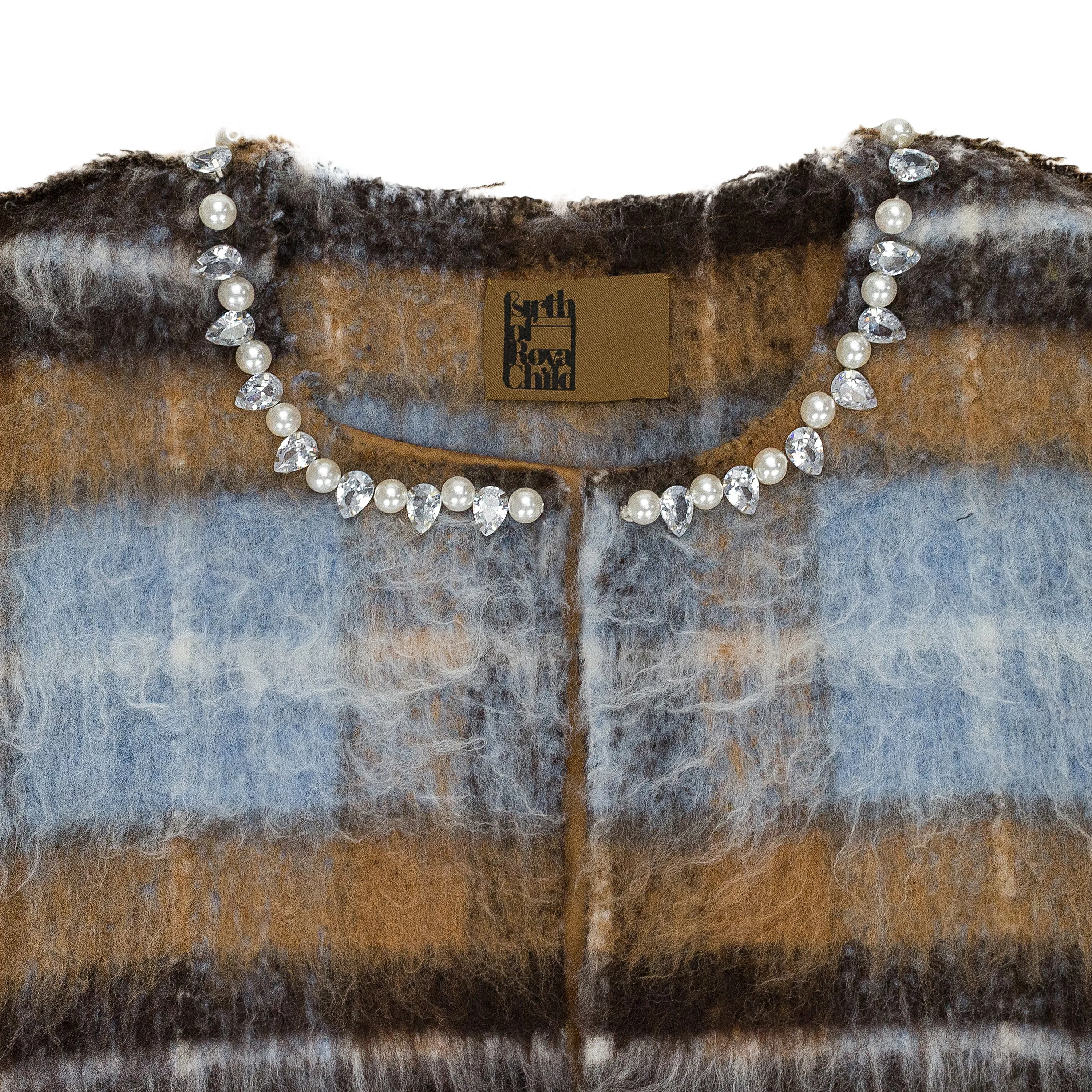 TAN RHINESTONE PEARL MOHAIR BOMBER JACKET