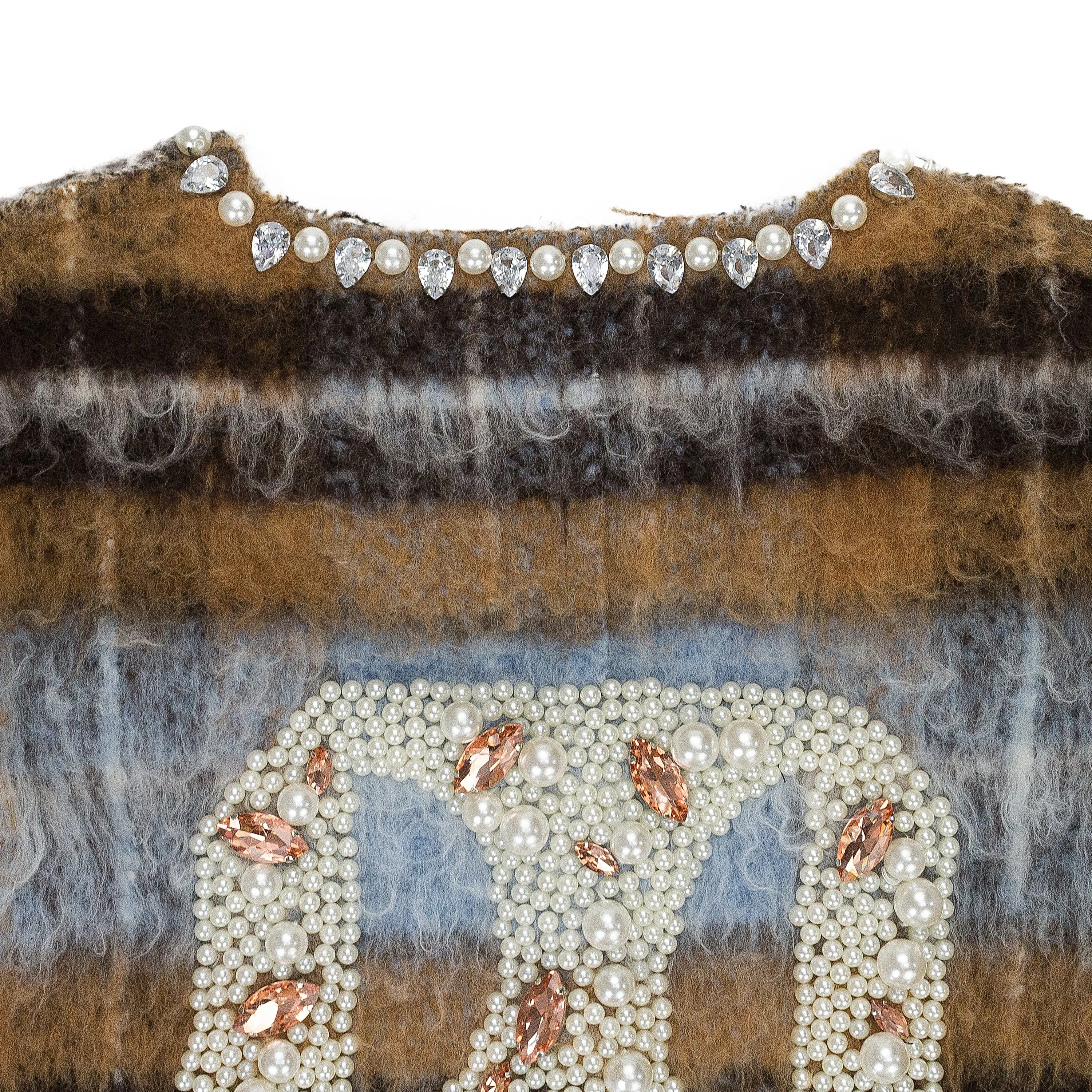 TAN RHINESTONE PEARL MOHAIR BOMBER JACKET