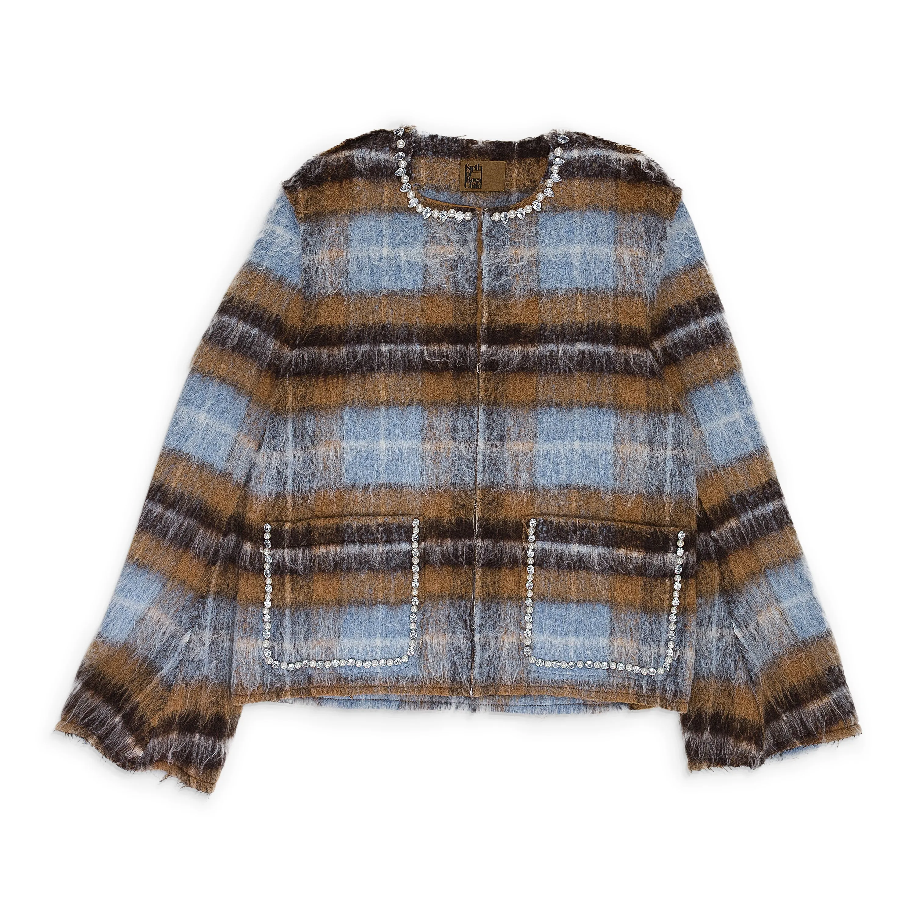 TAN RHINESTONE PEARL MOHAIR BOMBER JACKET