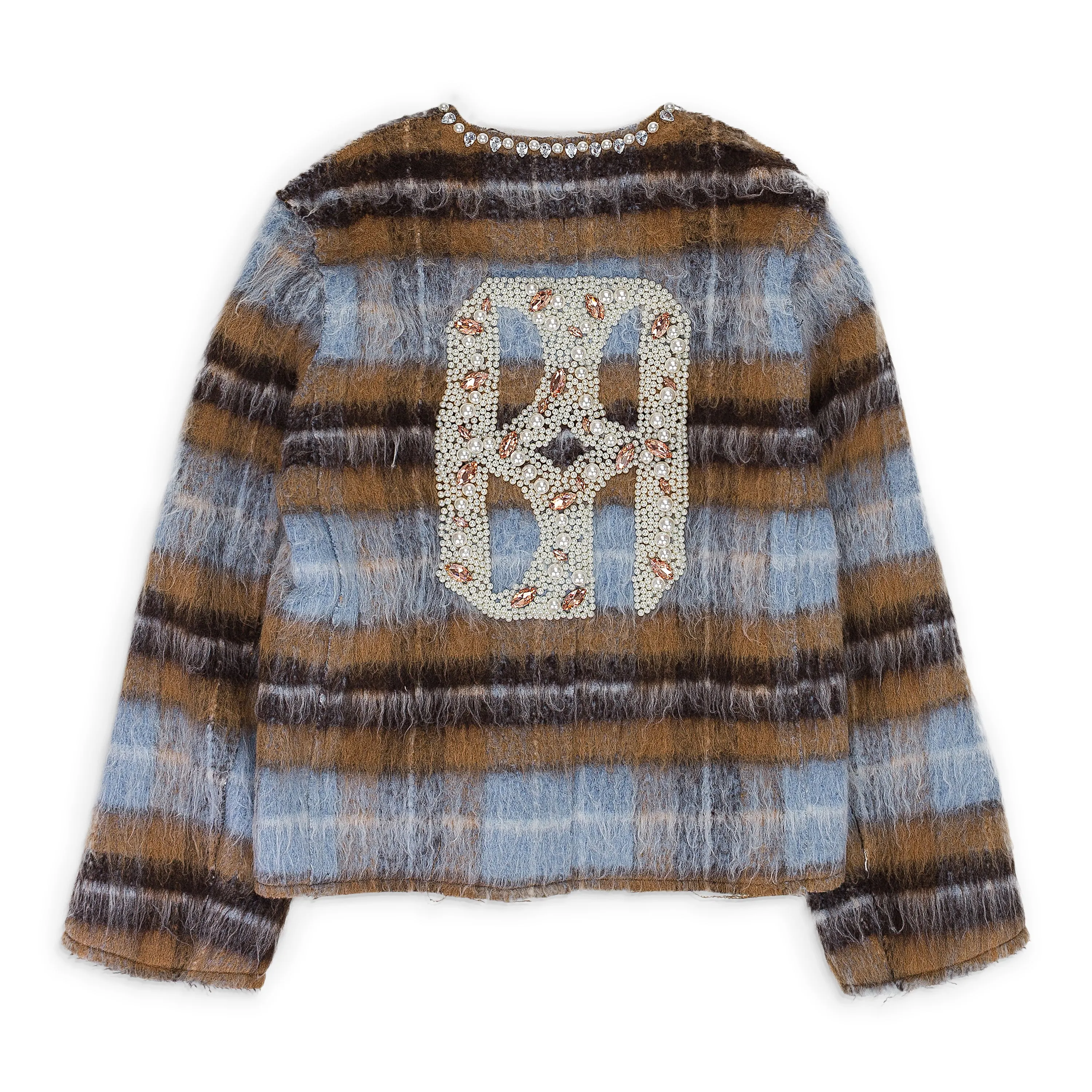 TAN RHINESTONE PEARL MOHAIR BOMBER JACKET