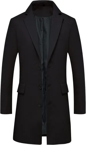 ThCreasa Mens Wool Blend Trench Coat Single Breasted Notch Lapel Walker Mid-Length Classic Pea Top Coat