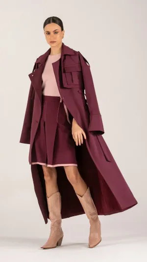 Trench Coat Longo com Sobreposio Vinho