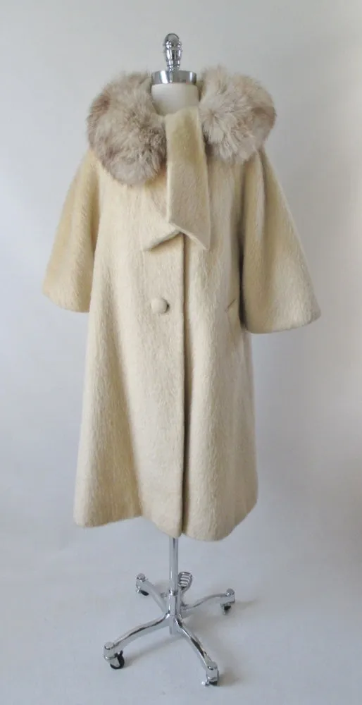  Vintage 50's Cream Ivory Fox Fur Lilli Ann Mohair Swing Coat Jacket