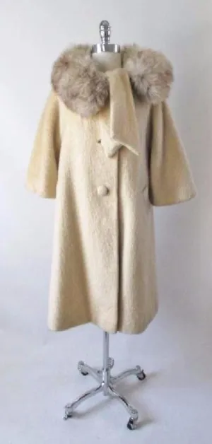  Vintage 50's Cream Ivory Fox Fur Lilli Ann Mohair Swing Coat Jacket