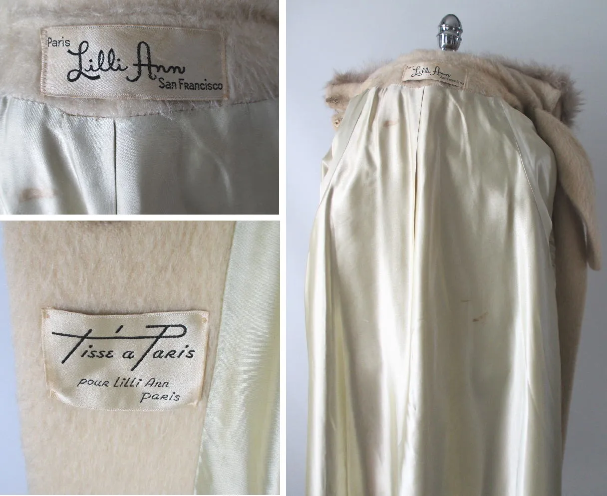  Vintage 50's Cream Ivory Fox Fur Lilli Ann Mohair Swing Coat Jacket