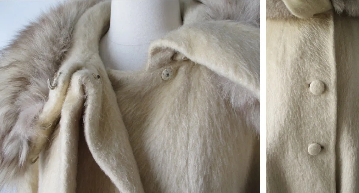  Vintage 50's Cream Ivory Fox Fur Lilli Ann Mohair Swing Coat Jacket