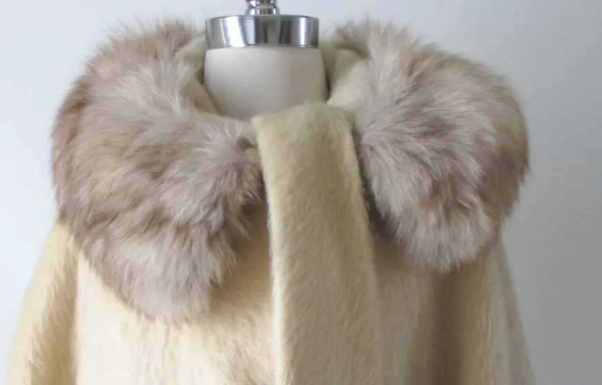  Vintage 50's Cream Ivory Fox Fur Lilli Ann Mohair Swing Coat Jacket