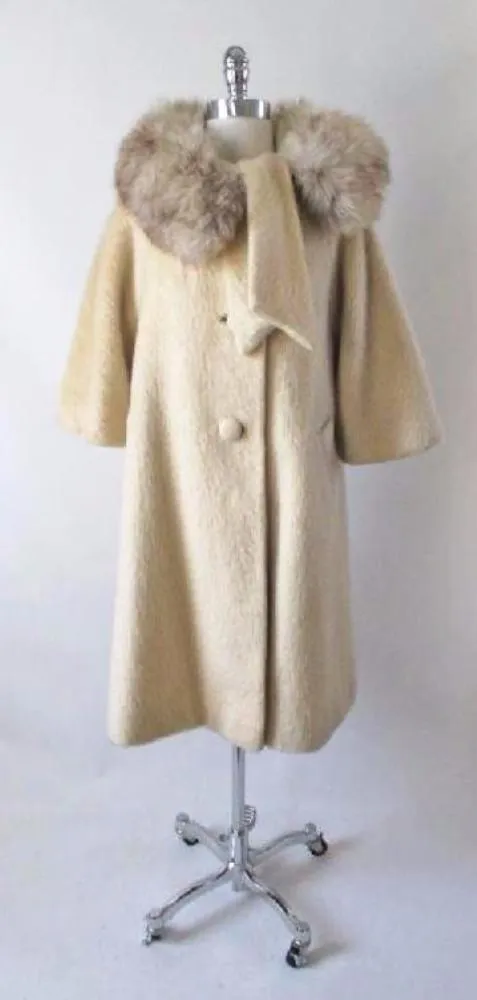  Vintage 50's Cream Ivory Fox Fur Lilli Ann Mohair Swing Coat Jacket