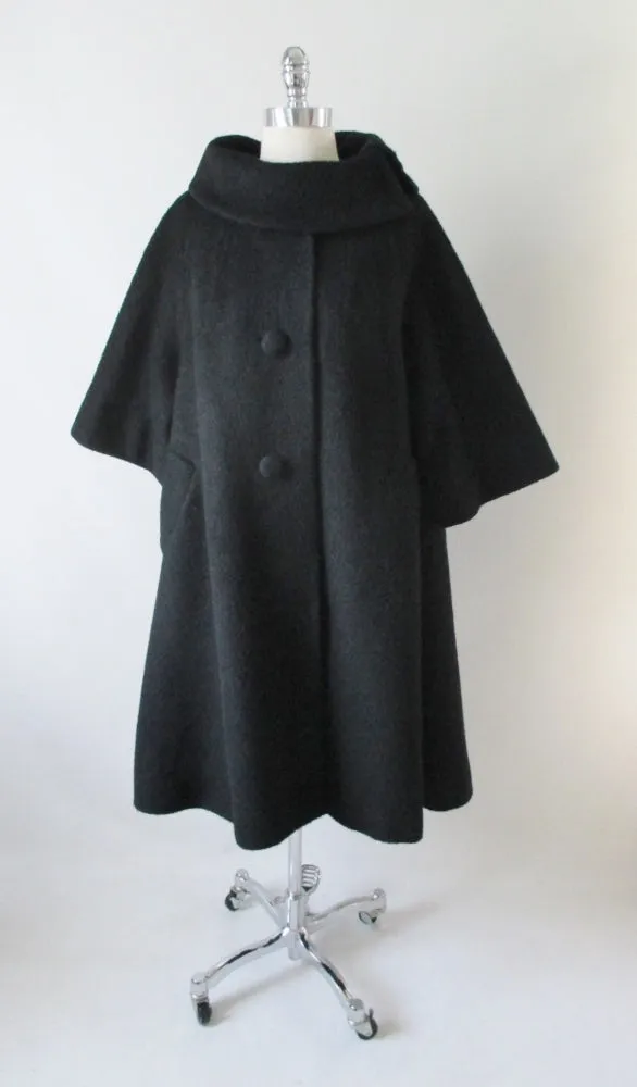  Vintage 50's Lilli Ann Black Mohair Swing Trapeze Coat Jacket L XL